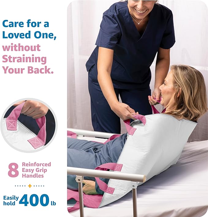 Improvia Positioning Bed Pad, with 8 Reinforced Handles, Quick-Drying, Washable, Waterproof, for Lifting, Turning, Transfering, Elderly and Incontinence Patients (Pink, Pack of 2)