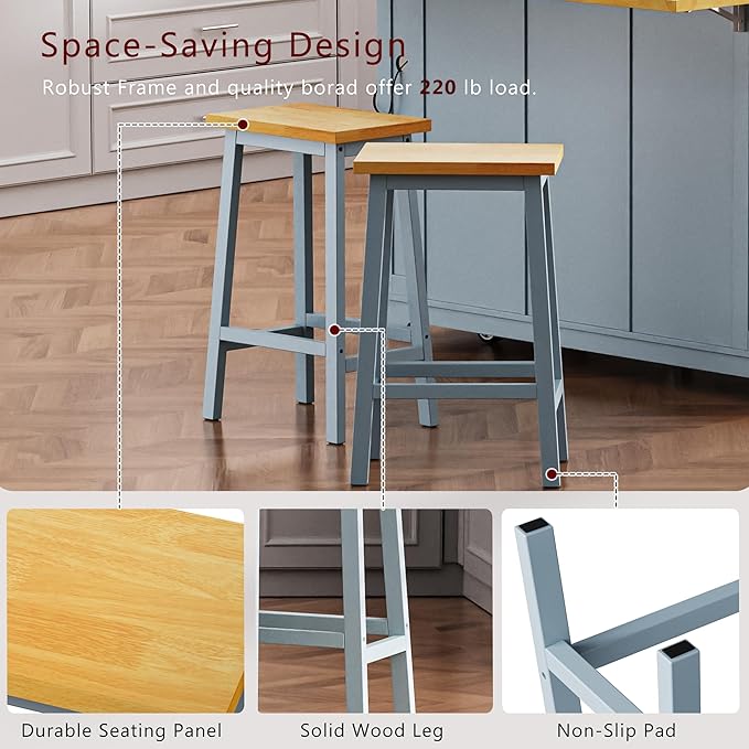 Amposei Kitchen Storage Island on Wheels with 2 Bar Stools, Rolling Drop Leaf Kitchen Island Cart with Power Outlet, Open Side Racks, Door Shelves and Towel Bar, 53-Inch, Grey Blule