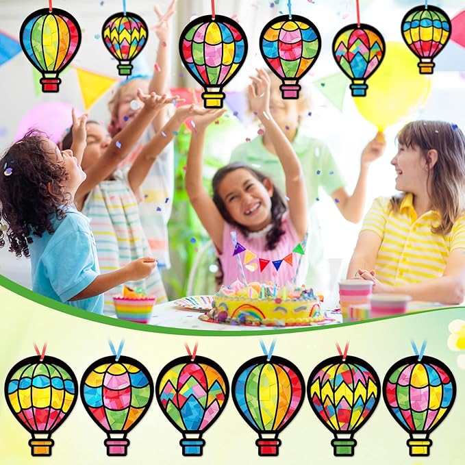 Tinlade 24 Sets Crafts Suncatcher Tissue Paper Craft Kit DIY Window Decor Make Your Own Cross Hanging Ornaments for Holiday Activities Party Favors(Hot Air Balloons)