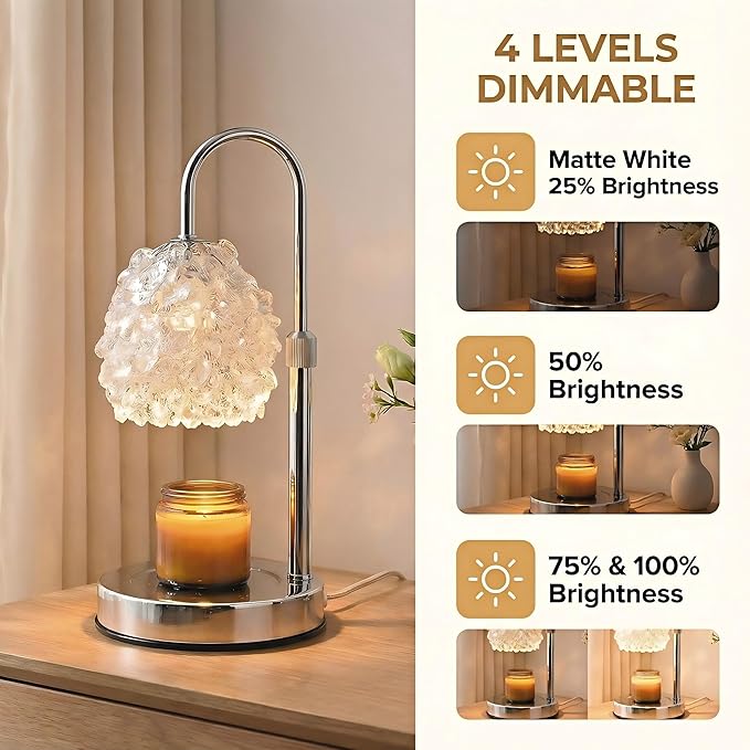 Candle Warmer Lamp with Timer & Dimmer, Adjustable Height Candle Lamp, Hand-Embedded Glass Crystal Lampshade, Valentine’s Day Gifts for Women/Mom, Wax Warmer for Home Decor (Silver)