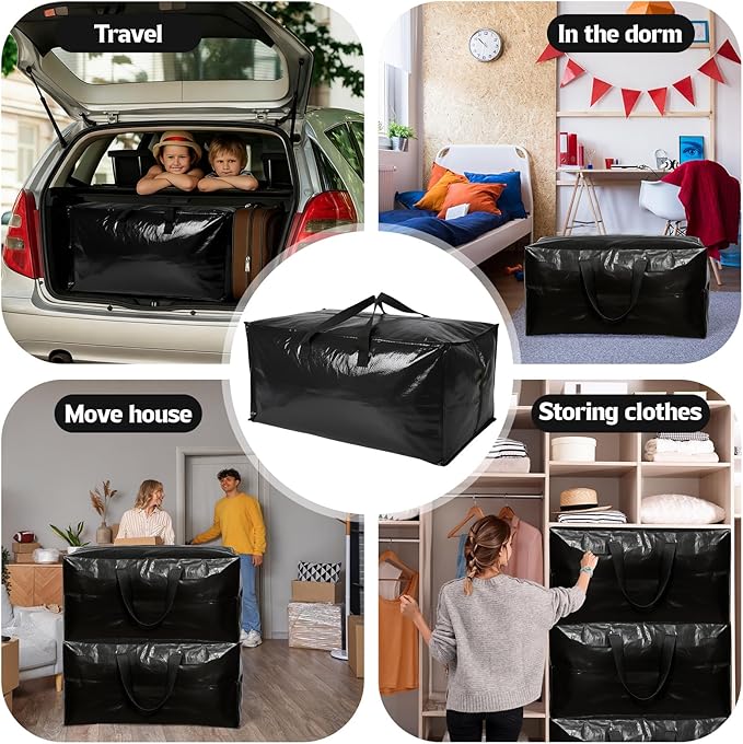 12 Pack Moving Bags with Strong Zippers Handle, Extra Large Heavy Duty Moving Bags Storage Totes for Space Saving Dorm Room Packing Clothes Containers Essentials Supplies(Black)
