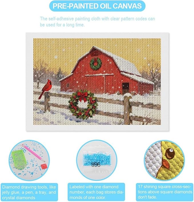 AIVKIEJK Diamond Painting Kits for Adults - Christmas Winter Cardinal, Red Barn Scene Painting DIY 5D Full Drill Diamond Dots Paintings with Diamonds Gem Art and Crafts Home Decor 8"x12"