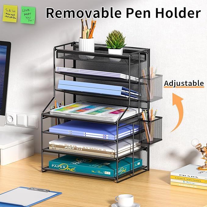 7 Tier Desk File Organizer – Vertical File Organizer for Desk with Removable Pen Holder & Adjustable Pull-out Drawer – Metal Document Organizer for Office, Simple Trending Design – Black