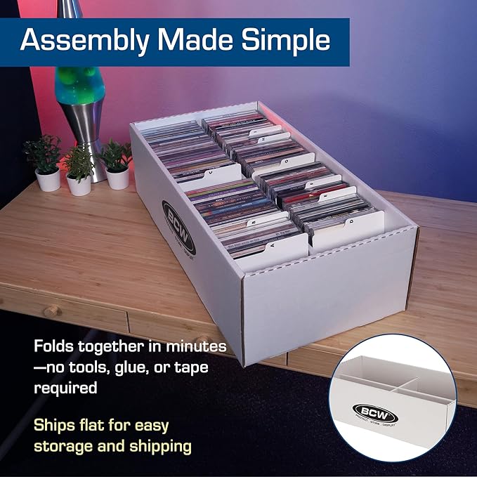 BCW CD Storage Box with Lid - 3 Pack | Holds 100 Jewel Cases | CD Organizer Case with 4 Compartments | Corrugated Storage Bin for Home & Retail | Compact Box for Jewel Case Storage