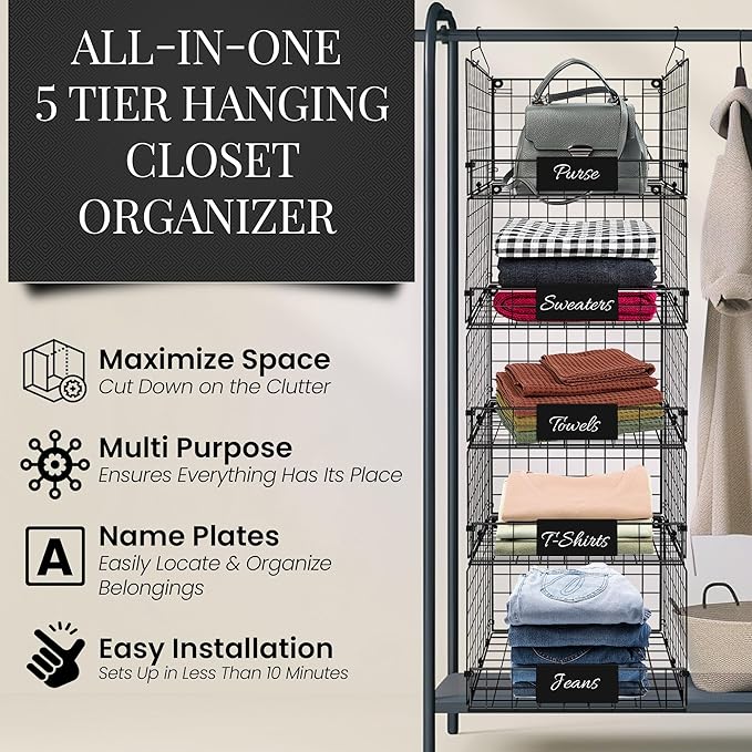 DECOLURE 5-Tier Adjustable Hanging Closet Organizer – Maximize Hanging Storage w/ 4 Hanging Hooks, 8 S Hooks & 5 Name Plates - Sturdy Foldable Wire Storage Hanging Shelves for Clothes, Towels (Black)