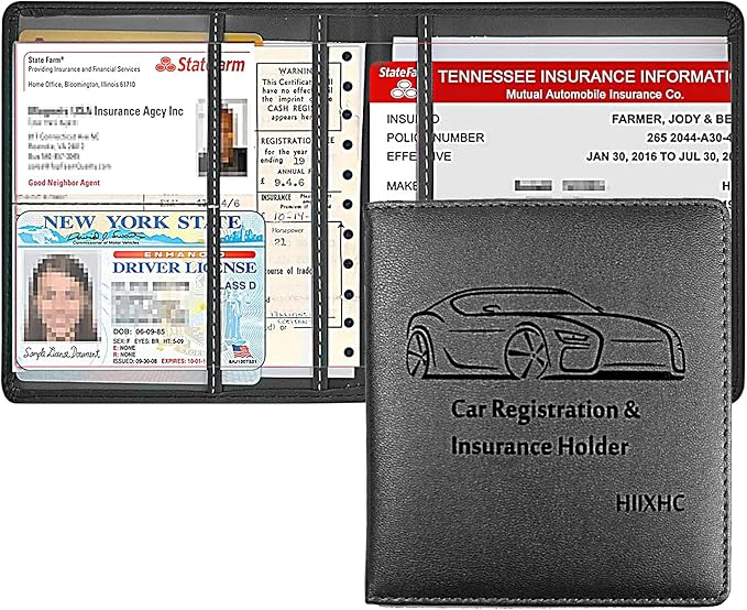 Car Registration and Insurance Holder, 5.5 x 5 Inch PU Leather Vehicle Glove Box Organizer Wallet Case Organizer for Insurance Card, Driver License, Essential Document, Paperwork