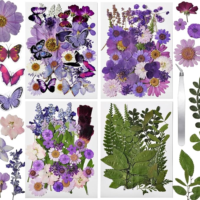 CONVELIFE Dried Flowers for Resin 119Pcs, Pink Real Natural Pressed Flowers with 10Butterfly Stickers, Dried Leaves kit for Scrapbook Supplies Card Making Resin Jewelry Making Soap Candle DIY Crafts