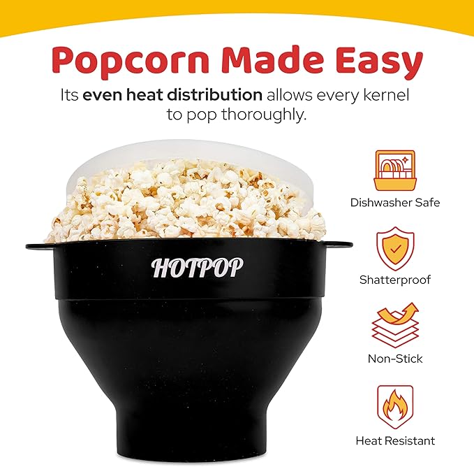 The Original Hotpop Microwave Popcorn Popper, Silicone Popcorn Maker, Collapsible Bowl BPA-Free and Dishwasher Safe- 20 Colors Available (Black)