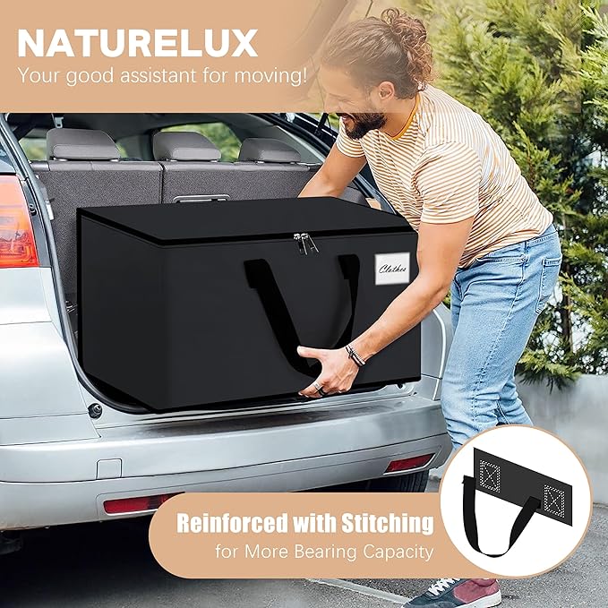 NATURELUX Heavy Duty Moving Bags - Extra Large Packing Bags and Storage Totes, Collapsible and Foldable Option for Moving and Storage, Black, 93 L - 6 Pack