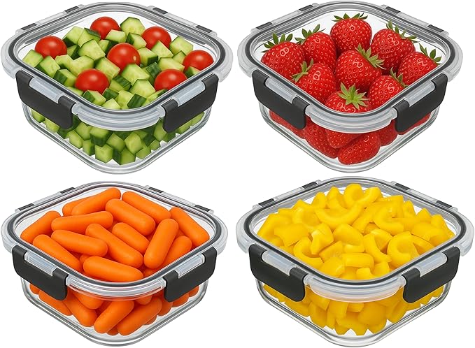 Glass Food Storage Containers Bowls with Airtight Snap Locking Lids for Meal Prep Leftovers Baking Lunch Boxes Dish (Black, 27oz Square 4 Pack)