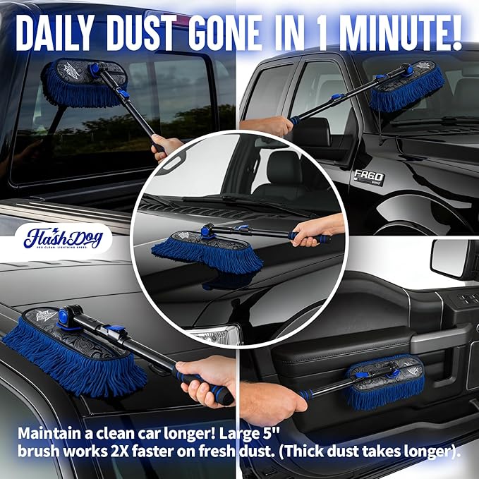 Flash Dog Waterless Car Duster - Wax Cotton Strands 360°Swivel Head & Extendable Aluminum Alloy Handle for Scratch-Free Dusting on Cars, Trucks, SUVs, RVs