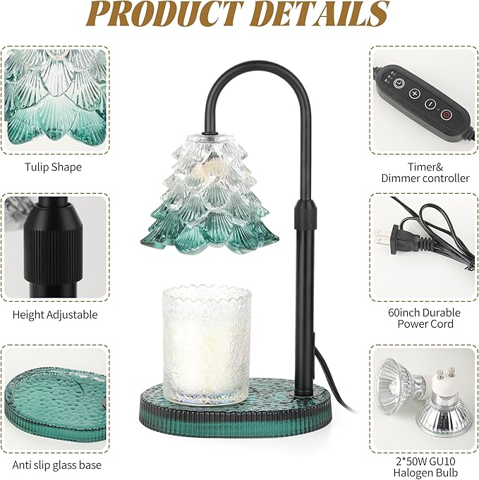 Christmas Tree Shaped Candle Warmer Lamp with Timer & Dimmer – Adjustable Wax Melt Lamp for Jar Candles, Home Decor Accent for Women – 2 Bulbs, Flame-Free & No-Smoke Use (Green)