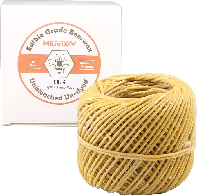 MILIVIXAY Hemp Wick with Natural Beeswax Coating, Edible Grade Beeswax, 200 FT Spool, Standard Size (1.0mm),Unbleached, Un-Dyed and 100% Organic, Perfect Alternative to Butane Lighters and Matches.