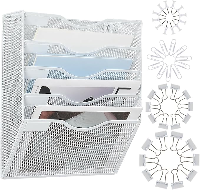 LEKETREE Hanging Wall File Organizer with Office Assorted, 5 Pockets Mesh Wall Mounted File Folder Holder for Mail, Paper, Document, Binder, Magazine, Menu (White)
