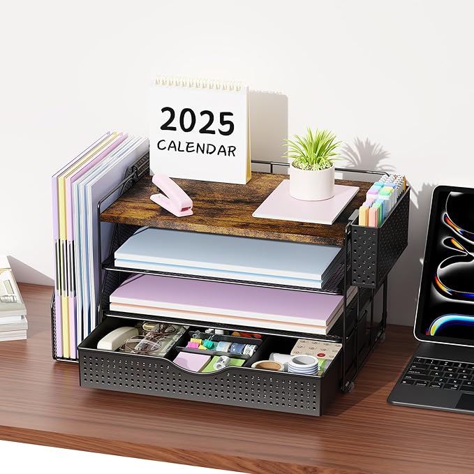gianotter Wood Desk Organizers and Accessories with File Holder, 4-Tier Desk Accessories & Workspace Organizers with Drawer and Pen Holder, Desk Reference Organizer (Wood)