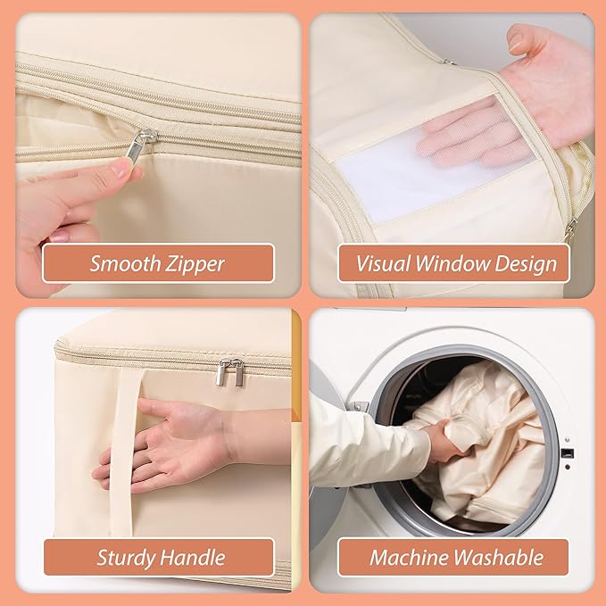 Veki Comforter Storage Bag, Space Saving Self Compression Foldable Blanket Storage Bags, Closet Organizer With Handle and VisualiZation Window, Large capacity 130L for Bedding, Clothes (Apricot XL)