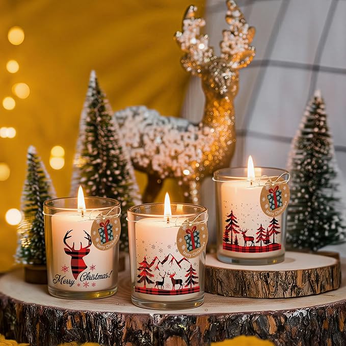 Potchen 12 Pack Christmas Plaid Clear Candle Jars for Making Candles 7 oz Empty Glass Jars with Wood Lids and Blessing Card Xmas Snowflake Candle Containers for DIY Gifts Home Tea Party Holiday Decor