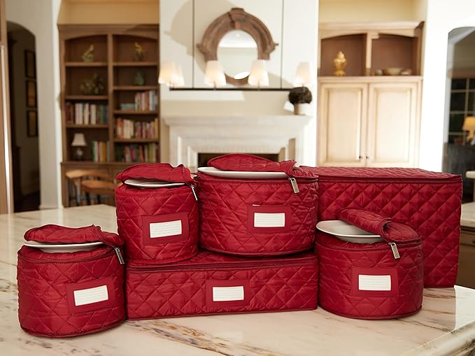 Covermates Keepsakes Dish Storage Set – Padded China & Dinnerware Storage Cases with Dividers, Cup & Stemware Storage, Quilted Polyester Protection, ID Window, Red