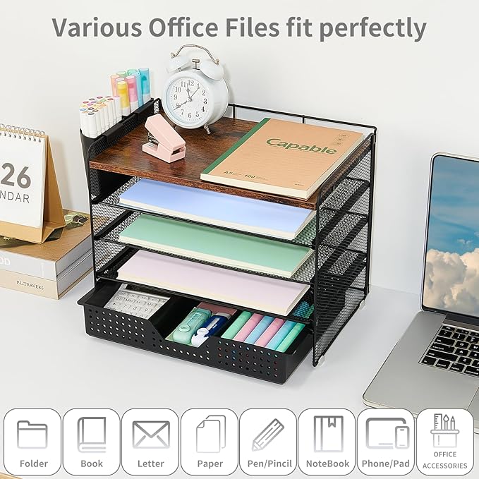 LEKETREE Desk Organizers and Accessories, 5-Tier Paper Letter Tray Organizer with Drawer & 2 Pen Holders, Desktop Organizer for Office Supplies (Wood)