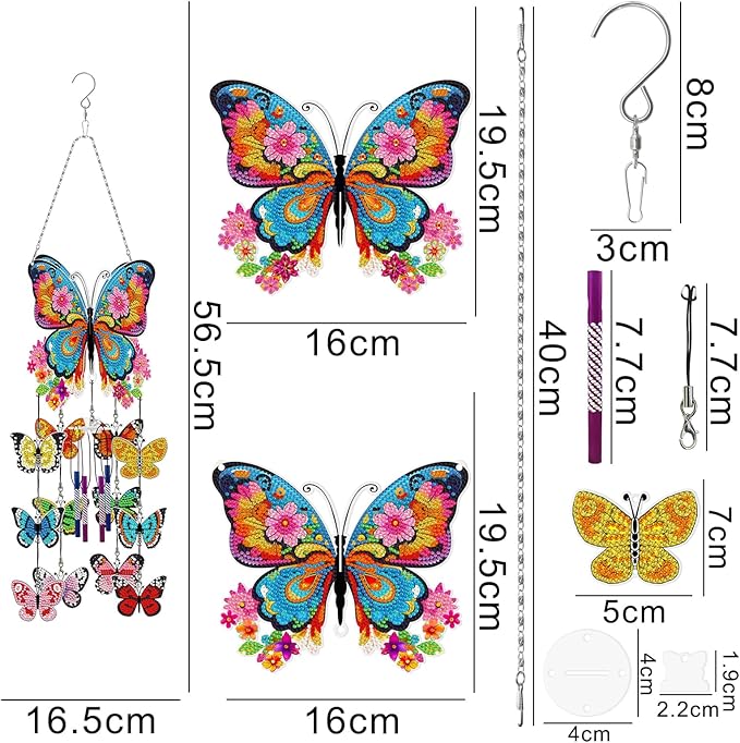 Butterfly Diamond Dots Wind Chimes DIY Kits 5D Diamond Art Painting Wind Chime Butterfly Hanging Ornaments Double Sided Special Shaped Gem by Number Stitch Wind Chime Pendant for Yard Tree Home Decor