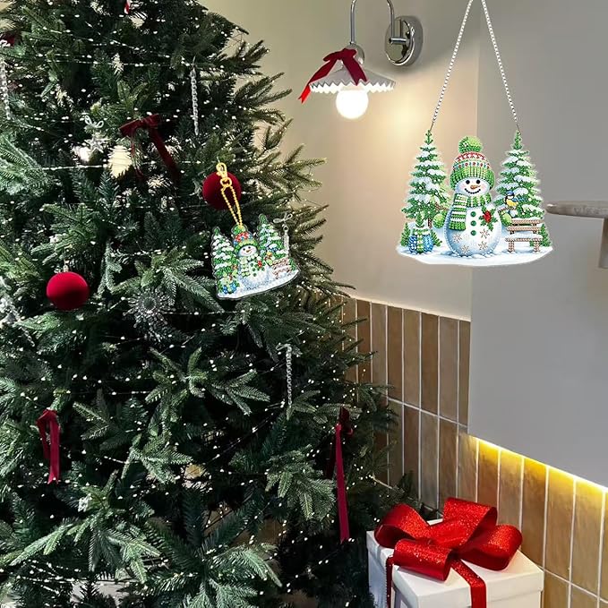 Masendp Christmas Diamond Art Painting Pendant DIY Green Cap and Scarf Snowman 5D Special Shape Crystal Diamond Mosaic Making Process, Christmas Ornaments Window Decoration Gifts