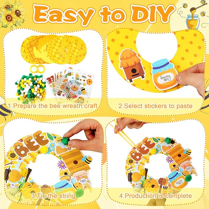 Hollowfly 48 Sets Bee Wreath Crafts Kits DIY Honey Bee Wreath Hanging Ornaments Make Your Own Paper Honeybee Craft with Sunflower Honey Flower Stickers for Summer Home Party Favors Activities