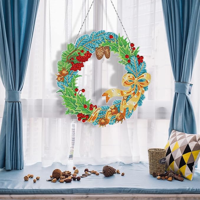5D Diamond Art Spring Wreath with LED Light String DIY Summer Wreath Diamond Art Painting Hanging Ornaments Special Shaped Crystal Paint by Number Embroidery Kits Front Door Garden Spring Decorations