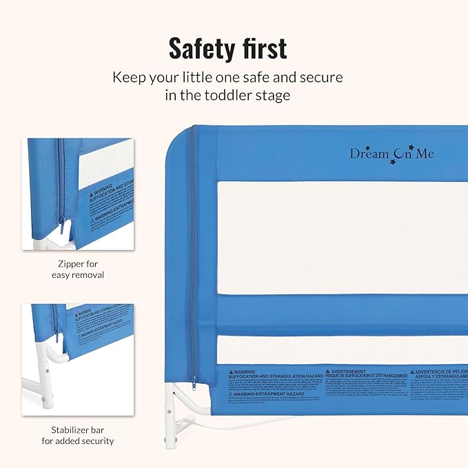 Dream On Me Mesh Security Bed Rail – Toddler Safety Guard with breathable mesh, reinforced anchor system, lightweight, portable, fits adult twin-size beds, Blue
