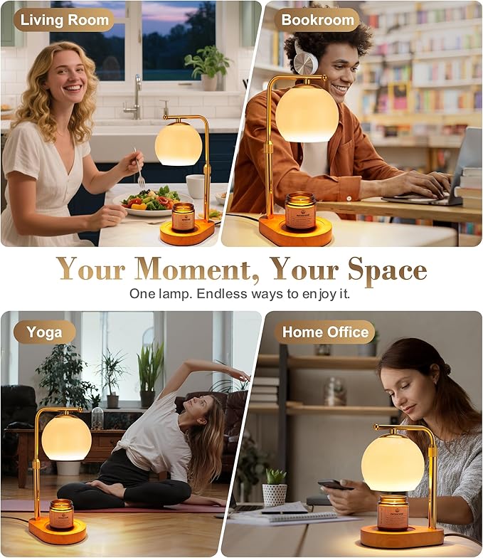 Ivory Glass Candle Warmer Lamp Adjustable Height Dimmer 2 4 8 Hour Timer Dark Wood Base Wax Melter Includes Scented Candle and 2 Bulbs for Cozy Bedroom Living Room Home Decor