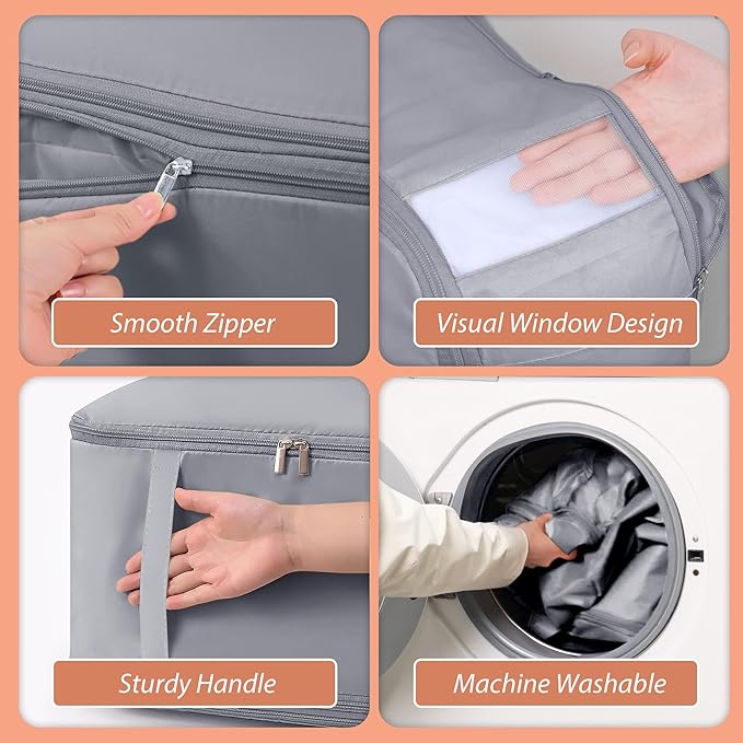 Veki Comforter Storage Bag, Space Saving Self Compression Foldable Blanket Storage Bags, Closet Organizer With Handle and VisualiZation Window, Large capacity 130L for Bedding, Clothes (Grey L)