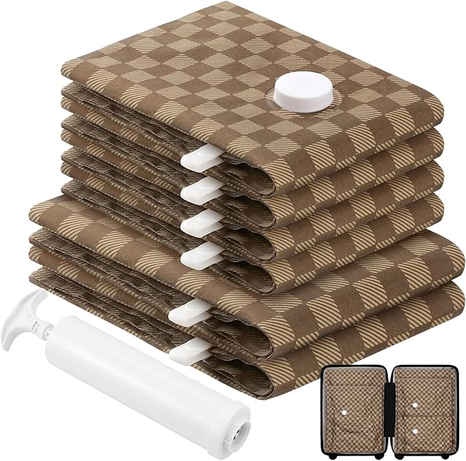 6 Pack Cloth Vacuum Storage Bags, Vacuum Seal Bags for Clothing with Hand Pump, 2 Large+4 Medium, 80% Space Saver Bags for Luggage, Comforters,Blankets, Home Travel Essentials(Khaki Checkered)