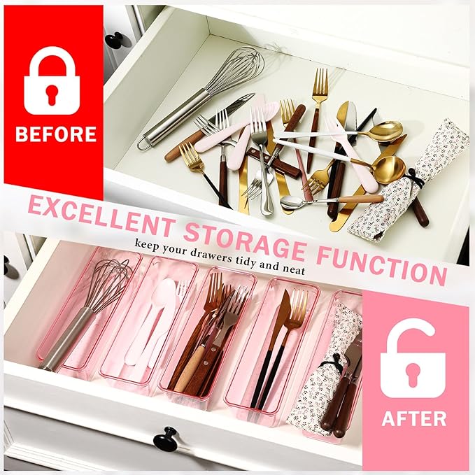 Maitys 12 Pcs Clear Drawer Organizer 9 x 3 x 2 Inches Plastic Rectangle Trays Makeup Vanity Storage Bins and Kitchen Drawers Dividers for Office Desk Silverware Kitchen Utensils(Pink)