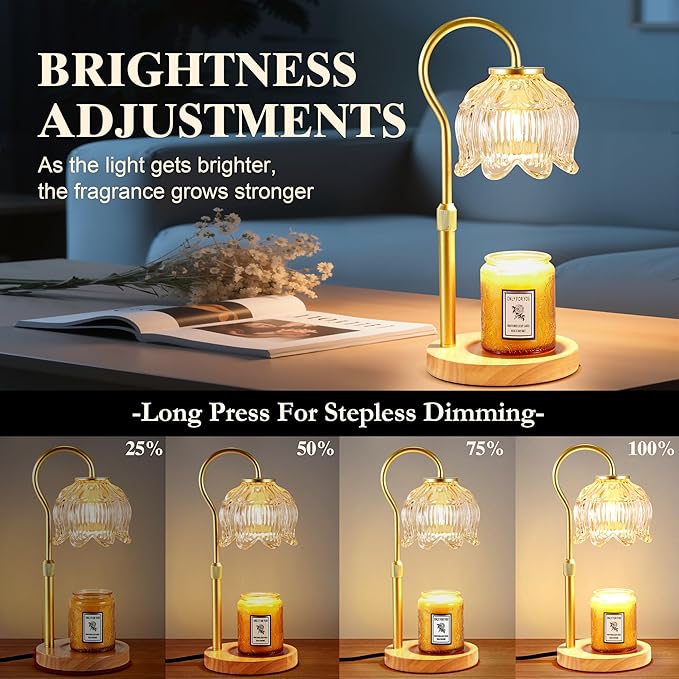 Dreamholder Electric Candle Warmer Lamp with Timer & Dimmer, Adjustable Height Wax Melt Warmer for Jar Candles, Wood Base Candle Melter, Floral Home Decor Gifts for Women, Mom, Gold