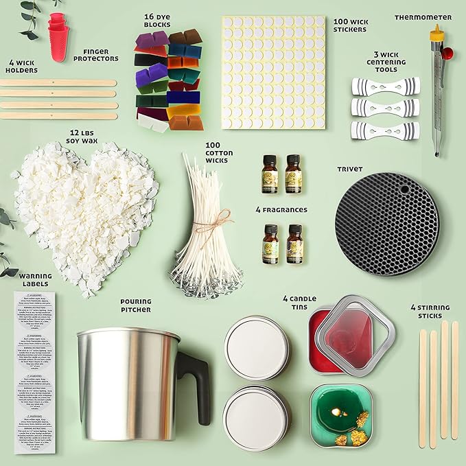 Soy Candle Making Kit for Adults, Candle Making Supplies Kit for Adults & Kids, 12Lb Soy Wax for Candle Making, Complete DIY Candle Making Kit for Adults Includes Wax Melter, Candle Wicks, Dyes & More