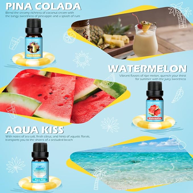 WUSEONY Summer Fragrance Oils Set, Premium Essential Oils for Diffuser, Natural Aromatherapy Oils for Soap Candle Making - Ocean Breeze, Coconut, Pina Colada, Watermelon, Vanilla Ice Cream, Aqua Kiss