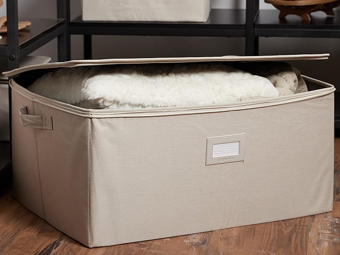 Covermates Keepsakes Zip-Top Storage Box Set, 3 Pack Heavy Duty Polyester Organizer Bins, Stackable Design, ID Window, Reinforced Handles, Closet Home Storage, Beige Heather