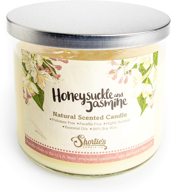 Honeysuckle Jasmine Highly Scented Natural 3 Wick Candle, Essential Fragrance Oils, 100% Soy, Phthalate & Paraben Free, Clean Burning, 14.5 Oz.