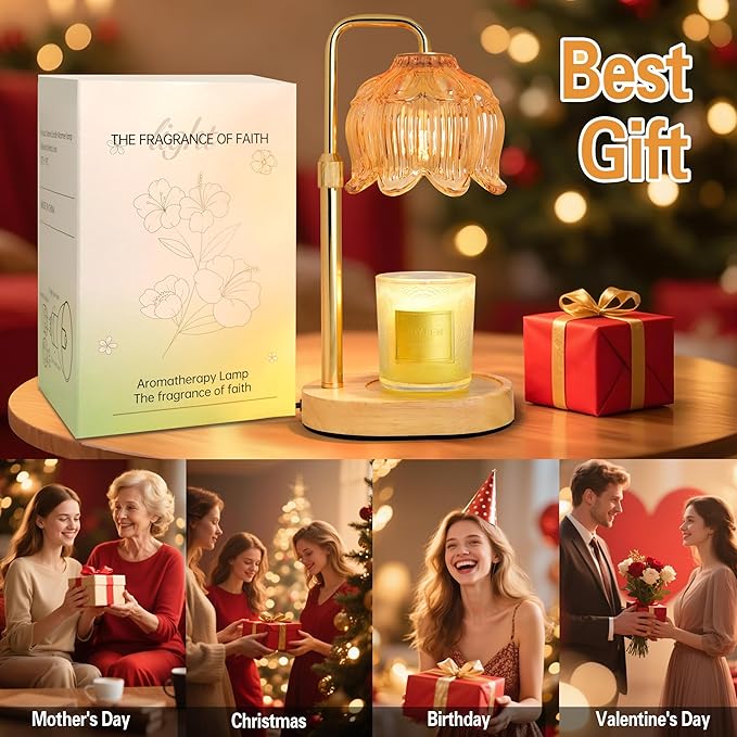 Candle Warmer Lamp with Timer Dimmer, Adjustable Height Candle Wax Warmer, Christmas Birthday Gift for Mom Women, House Warming Gifts for New Home Bedroom Decor, (Lotus Flower-Amber)
