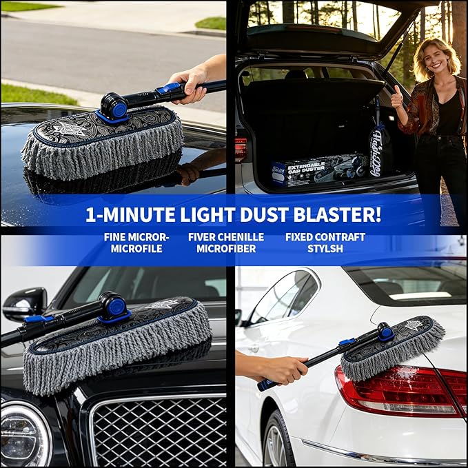 Flash Dog Car Duster Exterior Scratch Free, Waterless Cleaning Brush for Car Truck RV Boat, Gifts for Men Women, Storage Bag & Air Freshener - Extendable Microfiber Duster & Mini Interior Brush
