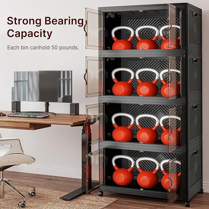 Extra Large Stackable Storage Bins with Lids & Wheels, Foldable Collapsible Closet Organizers Dark Storage Cabinet with Doors for Bedroom Dorm