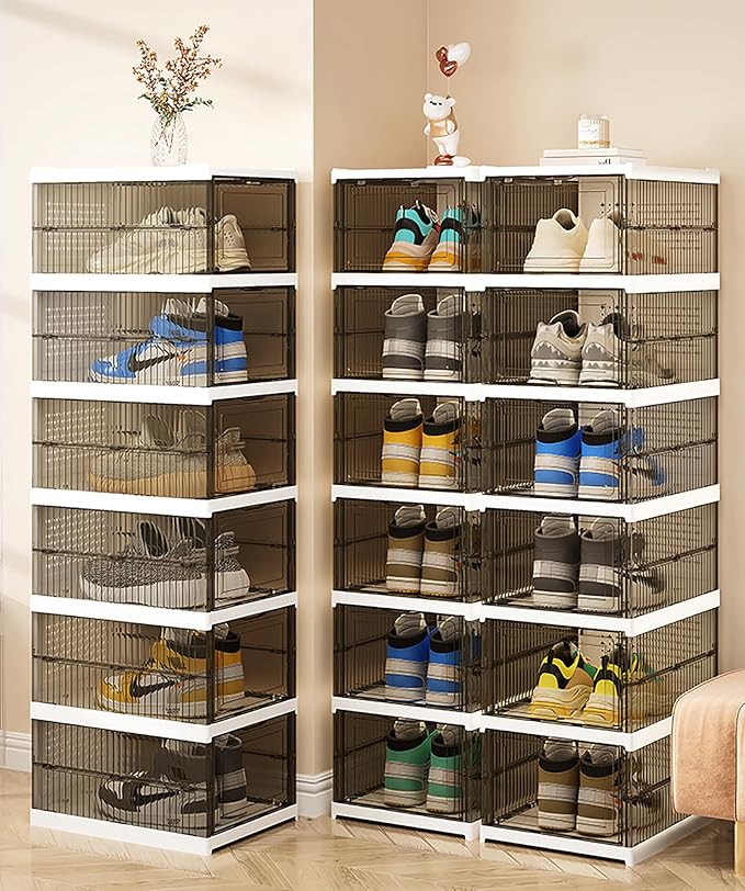 Shoe Storage Organizer Box 6-Tier Foldable Collapsible Stackable Shoe Rack Bins, Fit Size 12, No Assembly, for Men and Women (Transparent gray)