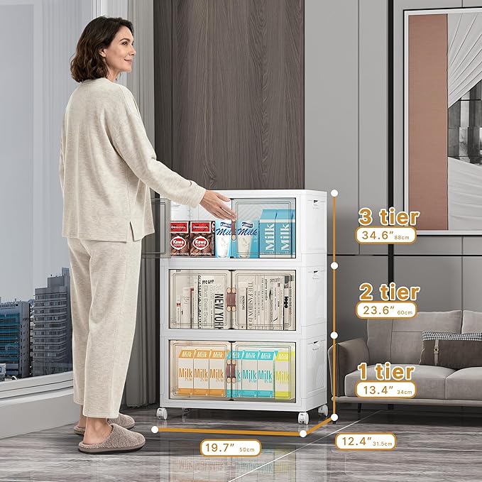 Stackable Storage Bins with Lids, 156QT Closet Organizers and Storage with Doors and Wheels, Extra Large Storage Cabinet, Collapsible Plastic Drawers for Bedroom Dorm Office Garage
