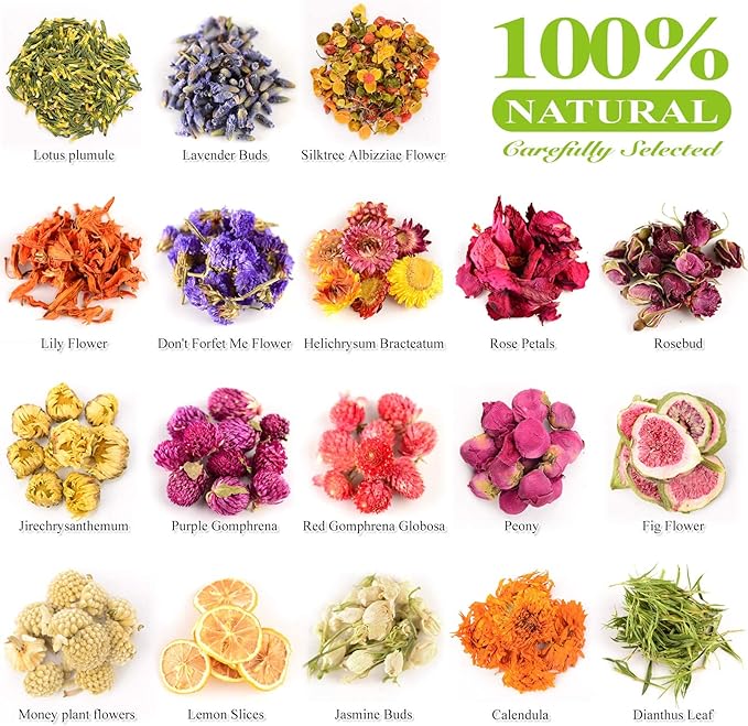 LAVEVE Dried Flowers, 40 Bags 100% Natural Dry Flower Herbs Kit for Soap, DIY Candle, Bath, Resin Jewelry Making Include Lavender, Don't Forget Me, Lily, Rose Petals, Jasmine and More