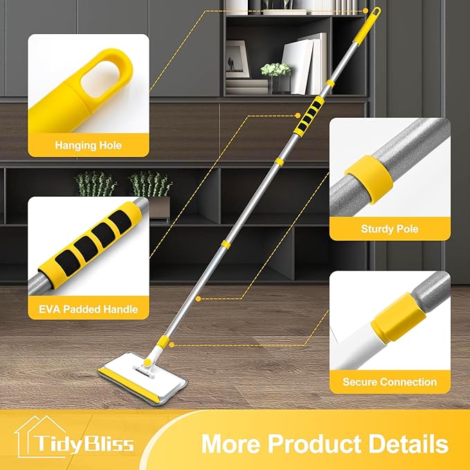Baseboard Cleaner Tool with Handle, 55.9” Long Wall and Base Board Cleaning Mop, 4 Reusable Pads, 1 Stiff Bristle Scrubber Brush for Floorboard Ceiling Cabinet Window Bathroom (Yellow)