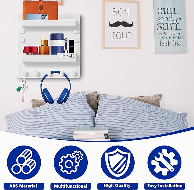 Bedside Shelf Wall Mount,Floating Bedside Adhesive Shelves Accessories,Wall Shelf Organizer and Storage for Bedroom,Camper,Dorm,Apartment-Phone,Earphone,Kindle,Remote Holder,Cable Clip,5 Hooks-White