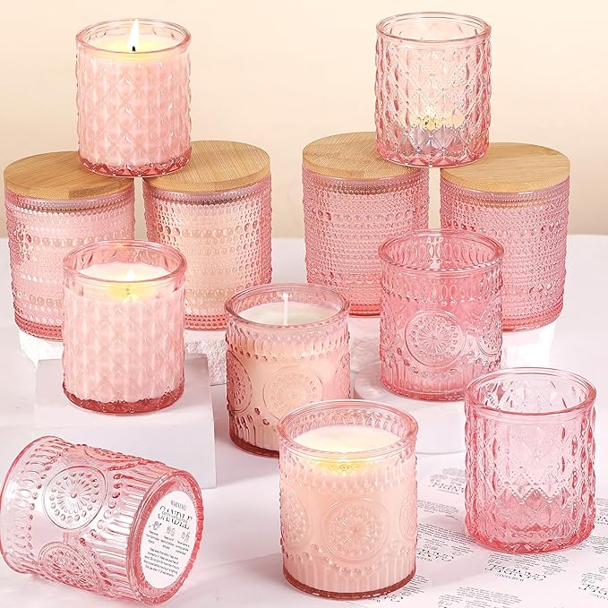DARJEN 12 Pack Pink Candle Jars for Making Candles- 3 Styles Glass Candle Making Jars Bulk with Bamboo Lids and Labels, Candle Making Supplies Candle Vessels for DIY Gifts