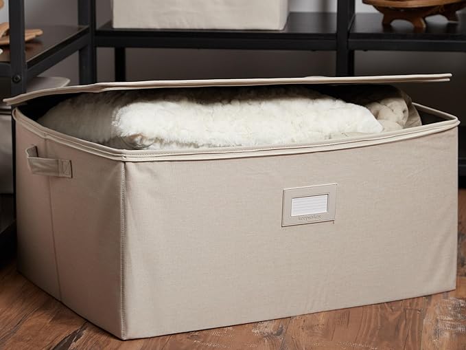 Covermates Keepsakes Zip-Top Storage Box Set, 3 Pack Heavy Duty Polyester Organizer Bins, Stackable Design, ID Window, Reinforced Handles, Closet Home Storage, Beige Heather