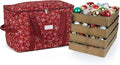 Covermates Keepsakes Adjustable Ornament Storage Bag – Heavy-Duty Polyester, Padded Dividers & FlexGrid Trays – Protective Holiday Ornament Organizer with Handles & Label Window, Red Snowflake