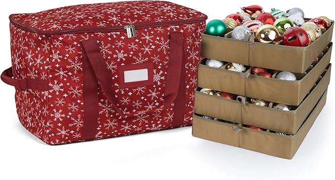 Covermates Keepsakes Adjustable Ornament Storage Bag – Heavy-Duty Polyester, Padded Dividers & FlexGrid Trays – Protective Holiday Ornament Organizer with Handles & Label Window, Red Snowflake