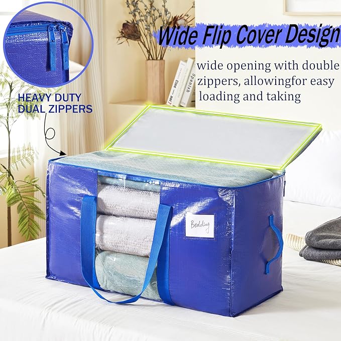 6 Pack Moving Bags Heavy Duty, Large Storage Bags with Visible Window and Zipper, Stronger Wrap-Around Handle and Waterproof Material, Clothes and Blankets Storage, Alternative to Moving Boxes